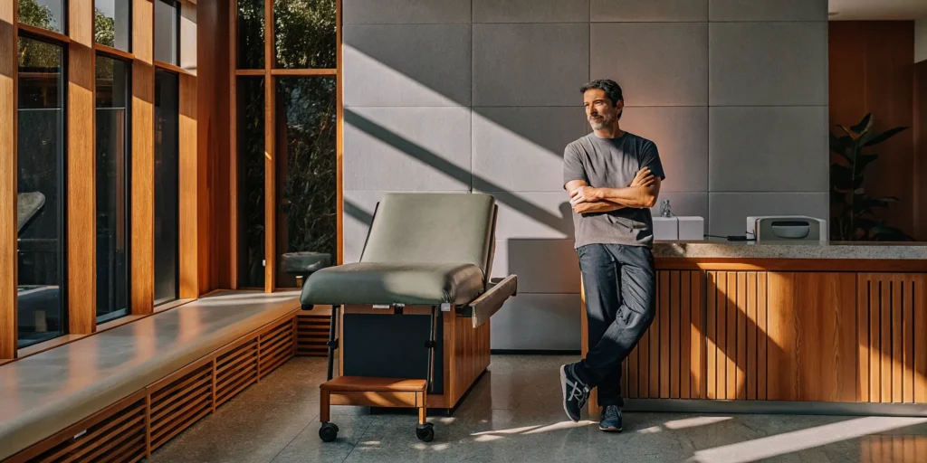 Man discussing erectile dysfunction causes with a physician in a modern wellness clinic