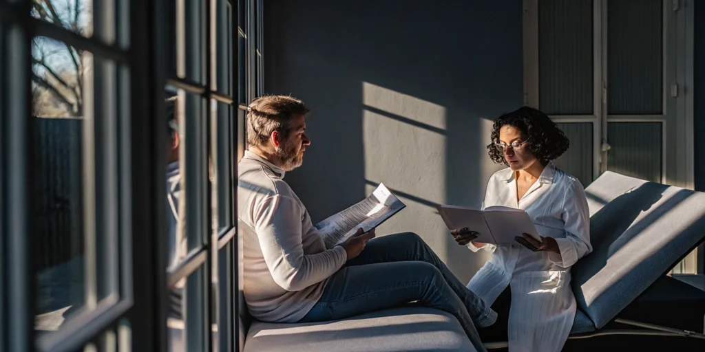 Physician reviewing fertility hormones normal labs with a patient